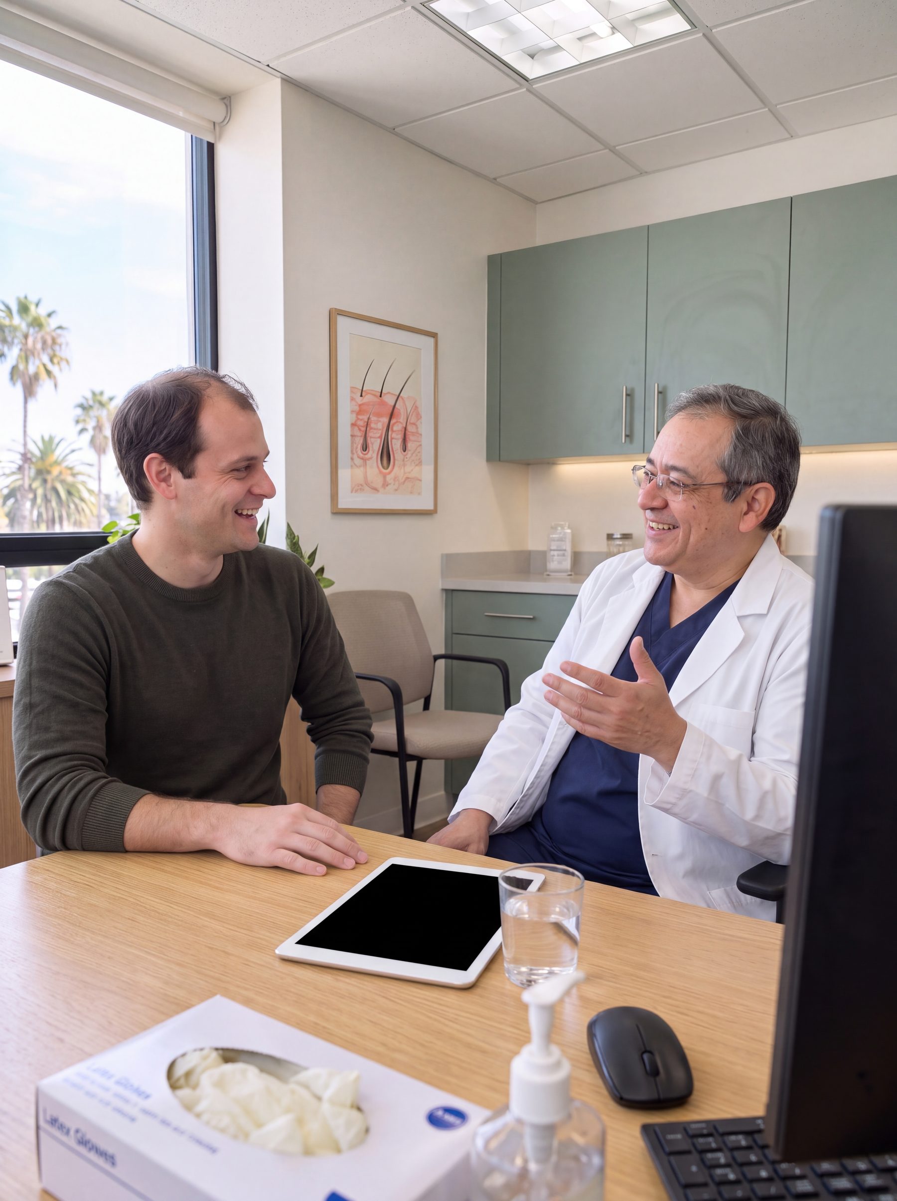 Patient smiling with a Haven Hair clinician during his consultation in Los Angeles